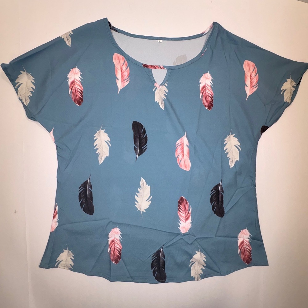 Womens Palm Grove Tropical Leaf Tank and Feather Print Top Bundle Blue Coral L - Picture 11 of 15